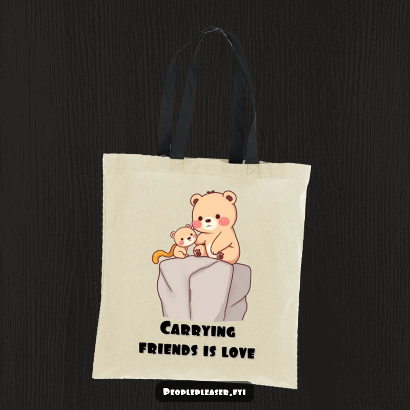 Funny Tote Bag: A caring bear gently assists a smaller creature onto a high ledge, a humorous and heartwarming image of support.