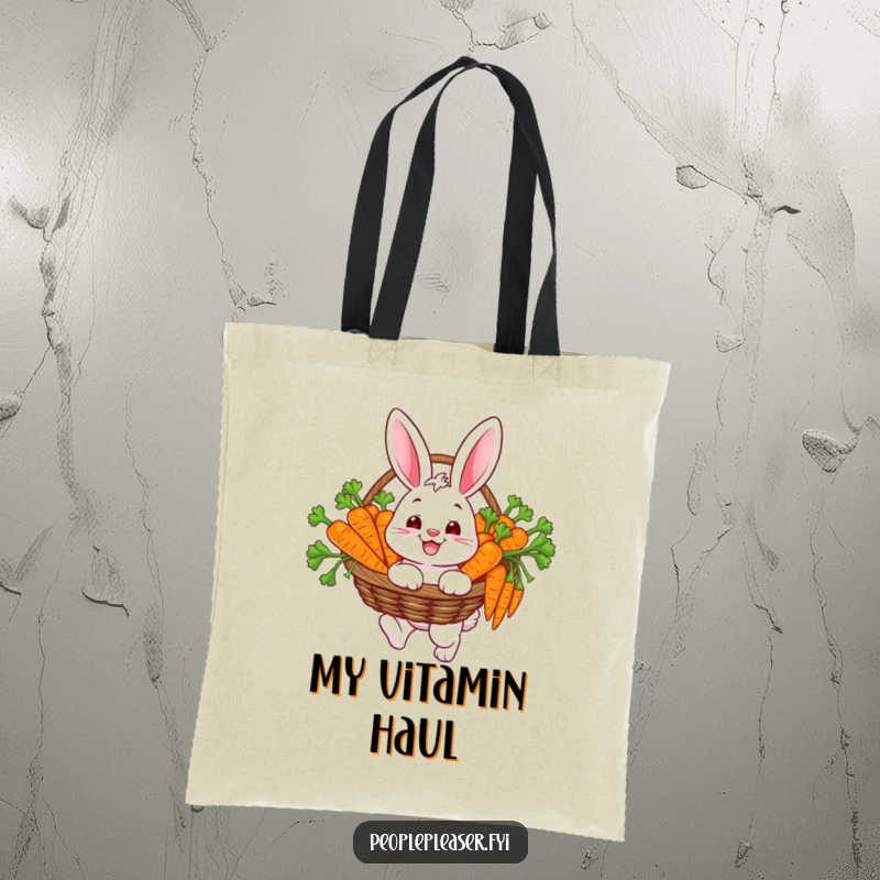 Funny tote bag showing a happy bunny character carrying a basket overflowing with carefully chosen carrots, ideal for market trips.