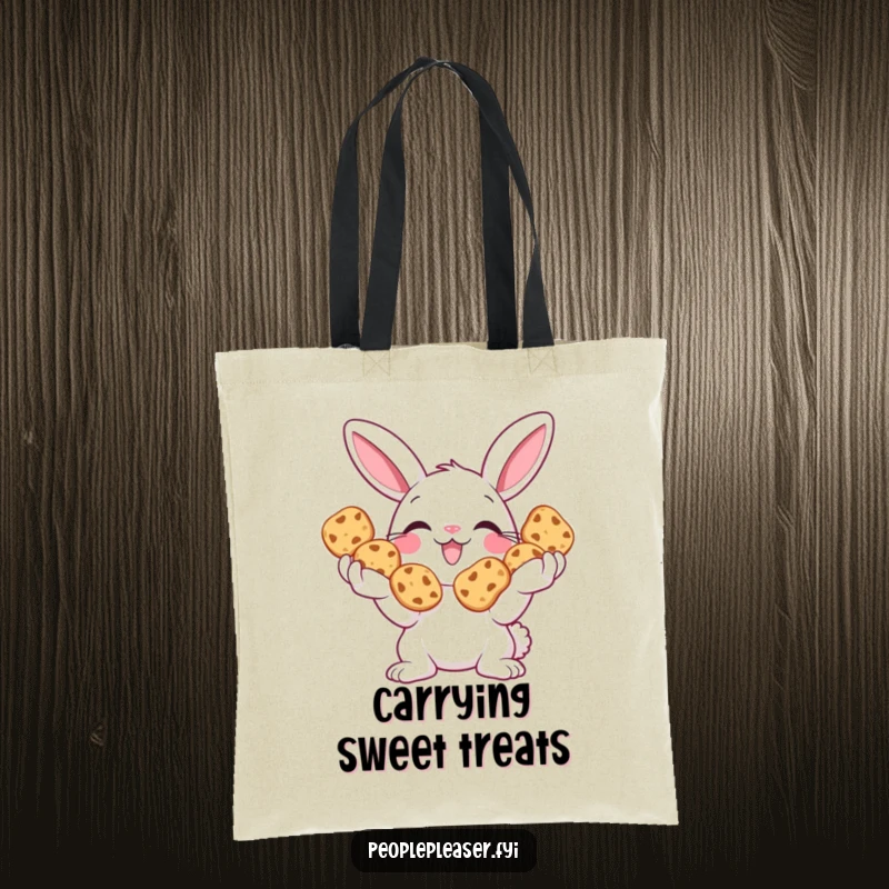 Funny Bunny Tote Bag designed with a smiling bunny offering cookies, perfect for daily use and gifting.
