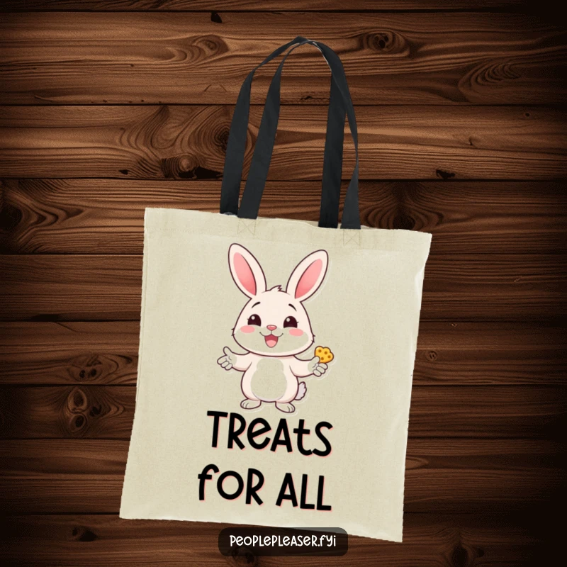 Funny bunny tote bag with a cheerful bunny character handing out treats with a wide smile, perfect for carrying items humorously.