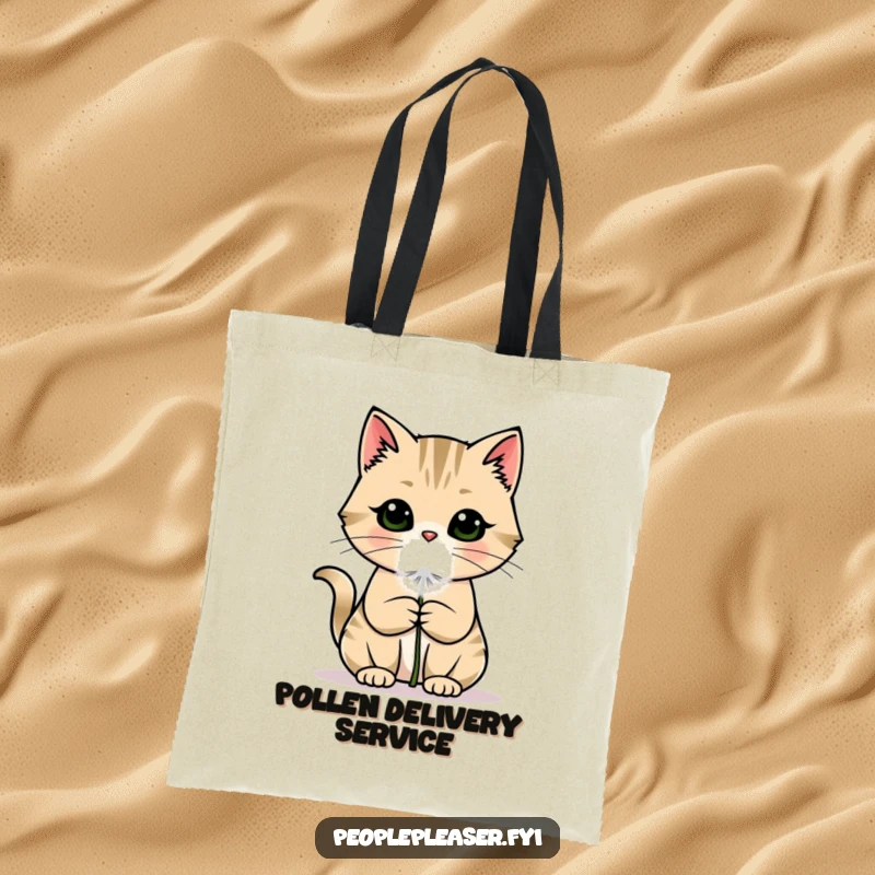 Funny cat tote bag showing a charming cat offering a fluffy dandelion puff, ideal for a cute and humorous carry-all.