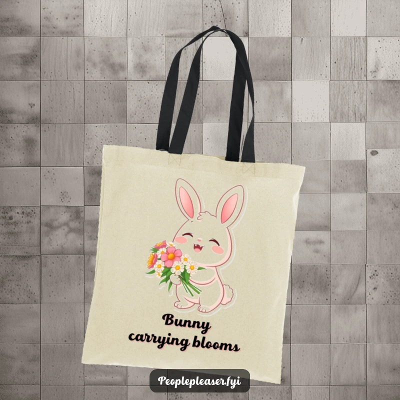 Funny tote bag with a cheerful bunny character holding a bouquet of flowers, perfect for carrying essentials with spring delight.