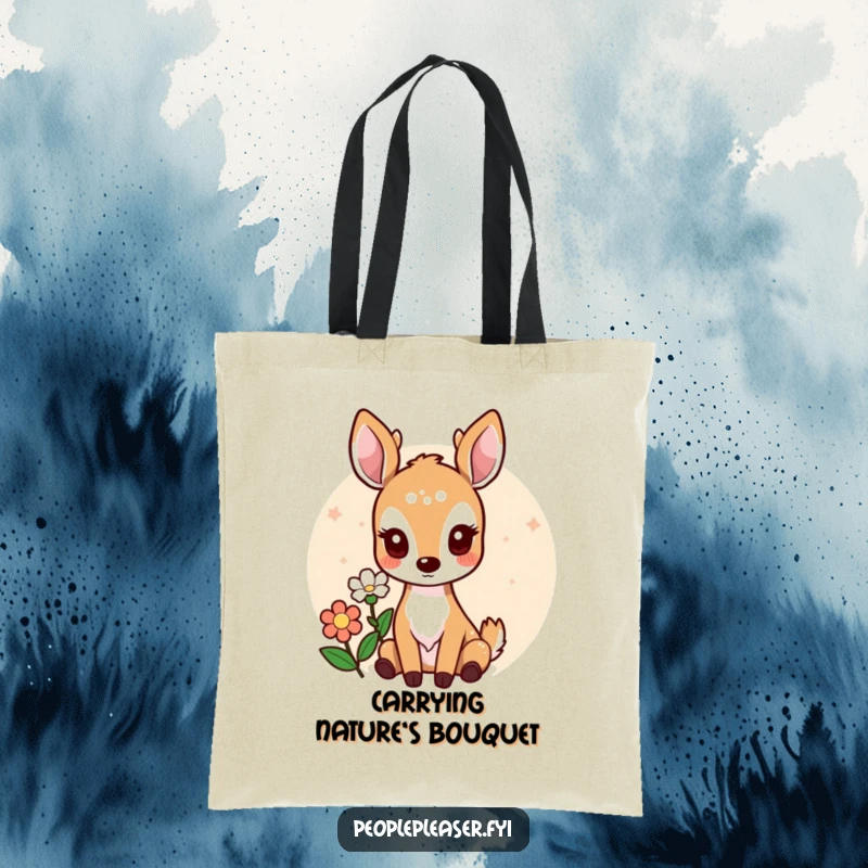 Funny tote bag with a delightful deer character presenting a single flower, perfect for carrying essentials with a smile.