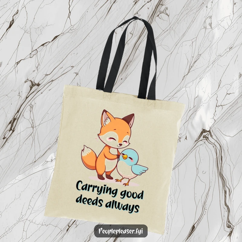Funny Tote Bag: A friendly fox aids a small bird, showing a funny scene of mutual support.