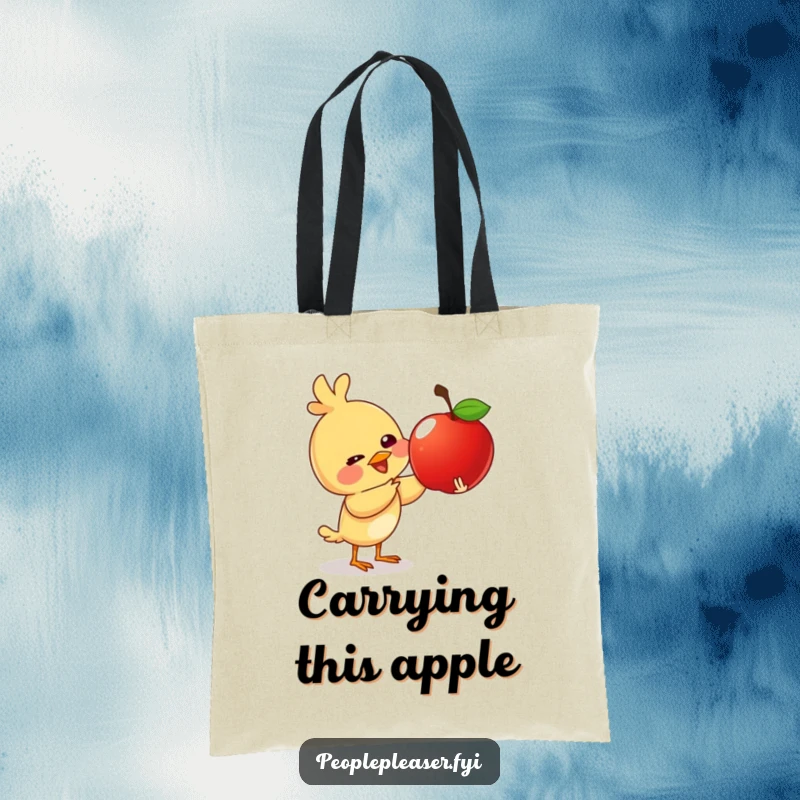 Funny tote bag with a giggling bird character giving a shiny apple, perfect for carrying essentials with a cheerful, giving spirit.