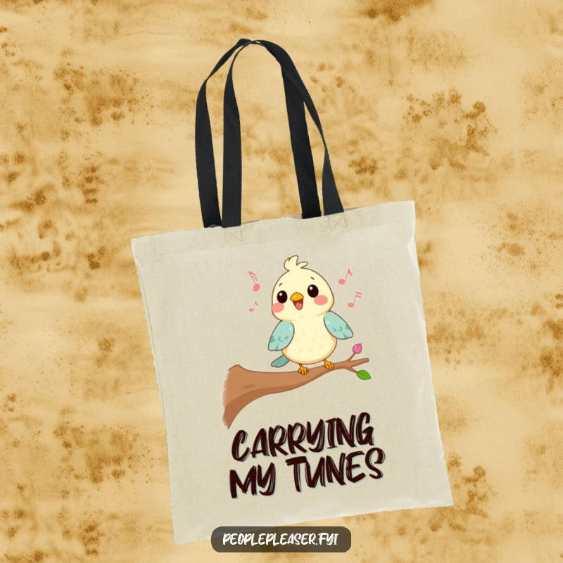 Funny Kawaii bird tote bag featuring a character singing a cheerful tune from a branch, perfect for carrying items with a happy, musical flair.