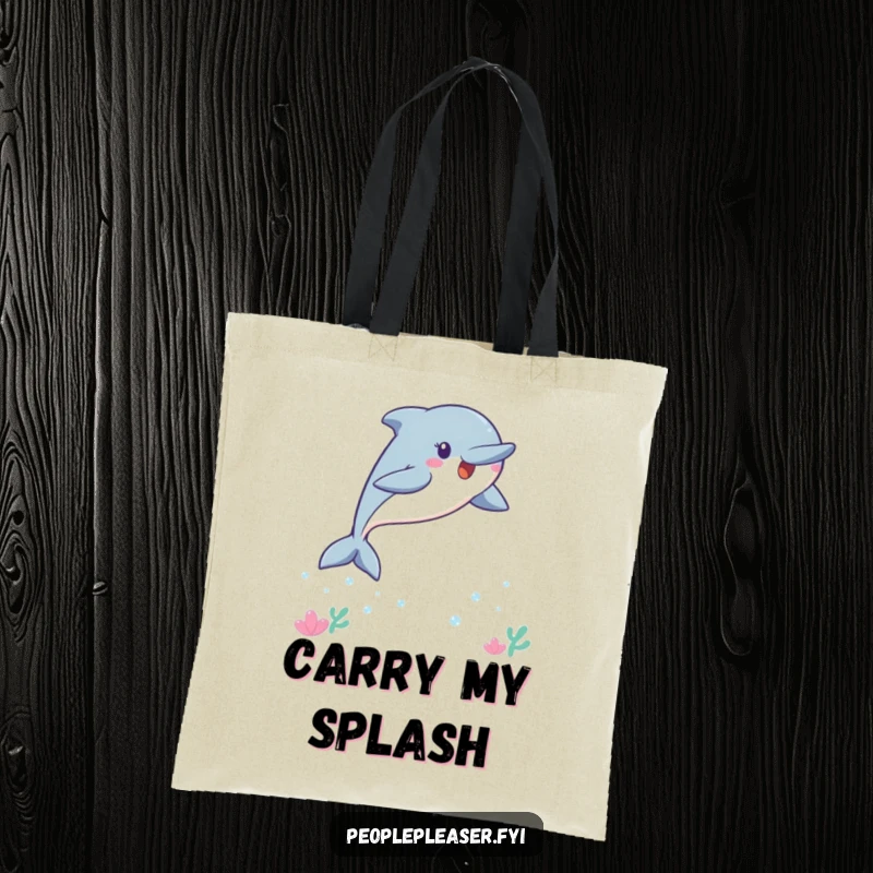 Funny Kawaii dolphin tote bag displaying a vibrant, leaping dolphin encouraging participation and fun.