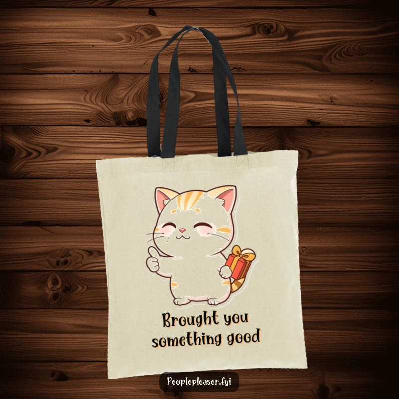 Funny tote bag with a nodding cat character giving a thumbs up while holding a small gift, stylish and humorous carry-all.