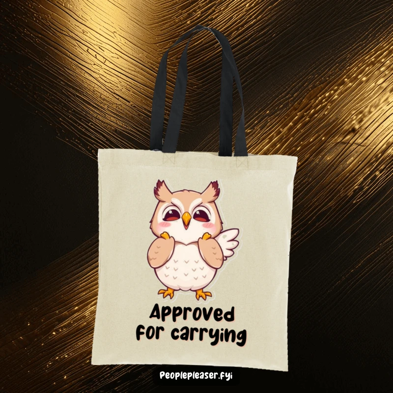Funny tote bag showing a joyful owl character clapping its wings in approval, perfect for carrying life's celebrations.