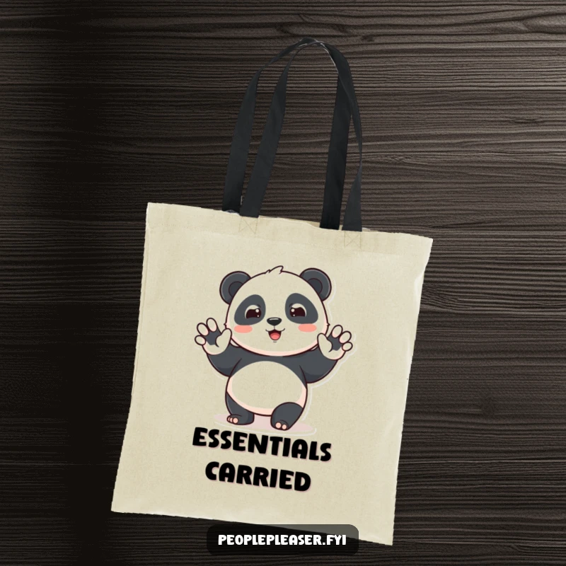 Funny panda tote bag showcasing a cute character waving hello with a beam, perfect for carrying items with a message of warmth.