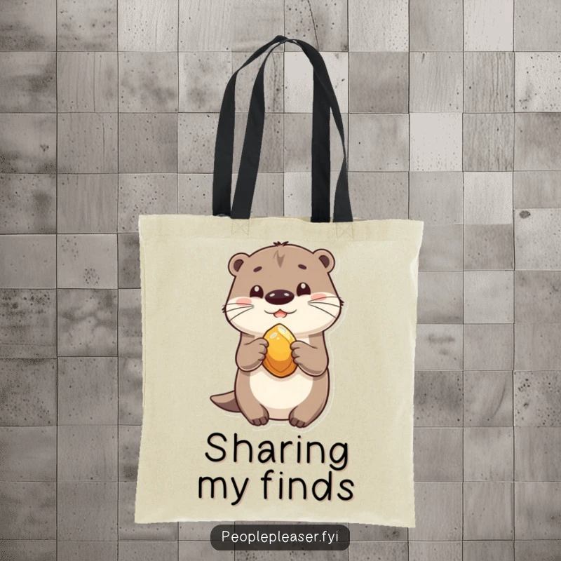 Funny tote bag graphic of a playful otter offering a shiny stone, symbolizing friendship and the act of sharing.