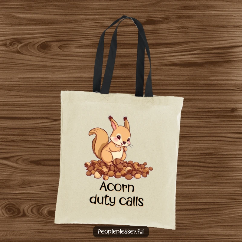 Funny Tote Bag: A helpful squirrel is focused on meticulously organizing scattered acorns into a neat pile, a humorous depiction of order.