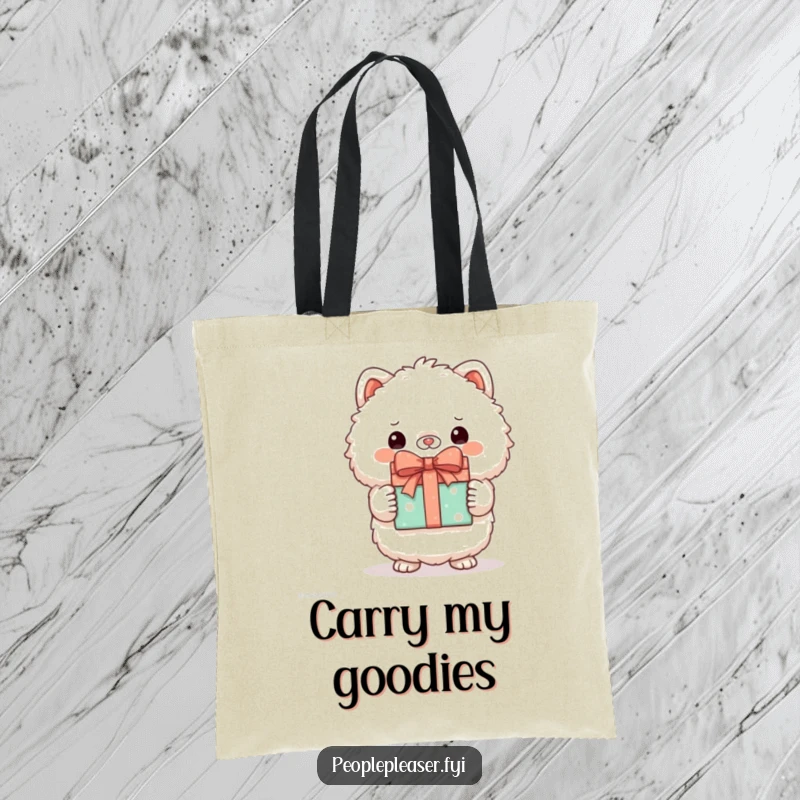 Funny tote bag with an adorable fluffy animal character proudly showcasing a perfectly wrapped gift, symbolizing joy.